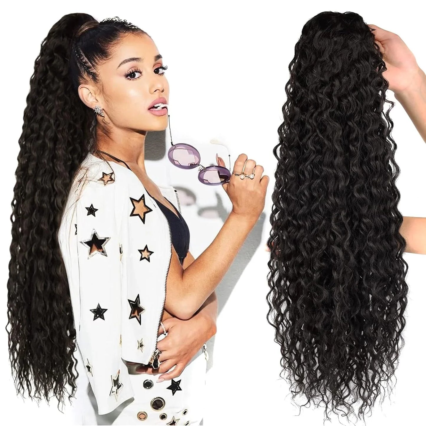 Long Curly Ponytail Extensions Clip in Synthetic Drawstring Ponytail Wig Long 32Inch Water Wave Afro Pony Tail Women Hairpiece