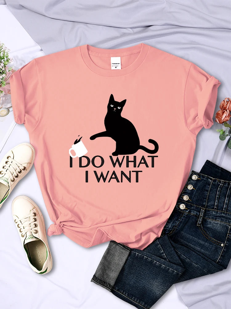 Black Cat I Do What I Want Letter Women T Shirts Fashion Soft Creative Short Sleeve Vintage Casual Breathable Womans Tee Clothes