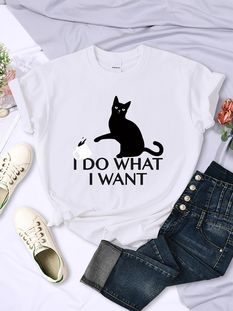 Black Cat I Do What I Want Letter Women T Shirts Fashion Soft Creative Short Sleeve Vintage Casual Breathable Womans Tee Clothes