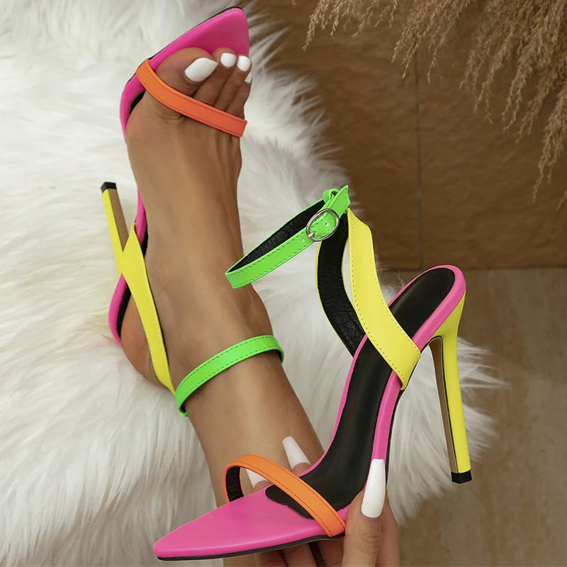 Liyke Mixed Colors Women Sexy Stiletto Sandals Cozy Leather Pointed Toe Buckle Strap High Heels Summer Party Prom Shoes Size 42