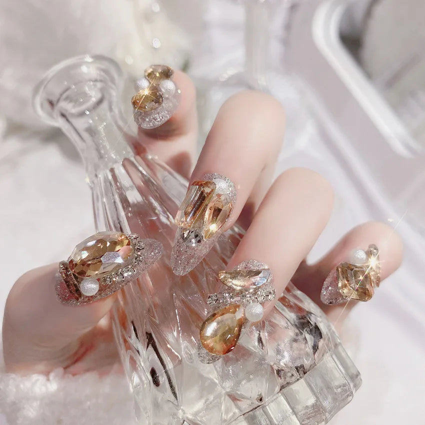 Almond Fake Nails Colorful Rhinestone Designs Long False Nails Handmade Glitter Press on Nails for Women Girls DIY Manicure