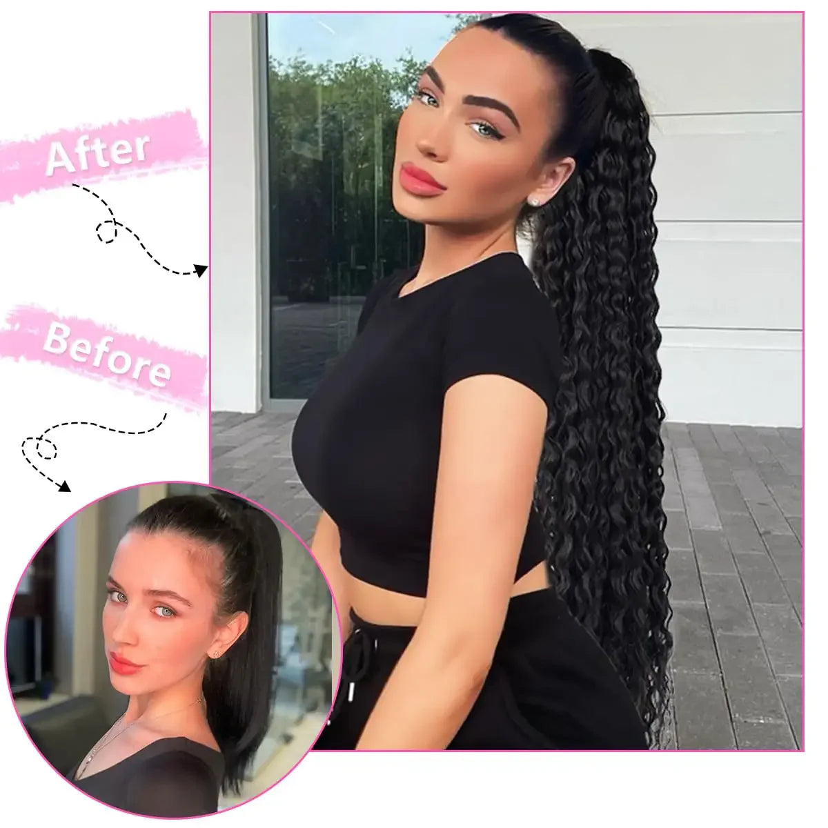 Long Curly Ponytail Extensions Clip in Synthetic Drawstring Ponytail Wig Long 32Inch Water Wave Afro Pony Tail Women Hairpiece