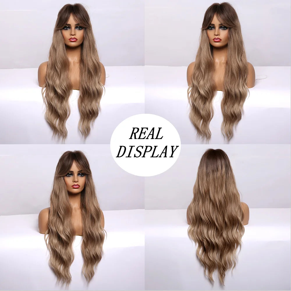 ALAN EATON Light Brown Wig with Bangs Brown Ombre Long Wavy Wig Synthetic Wigs for Natural Daily Wear Party Heat Resistant Fiber