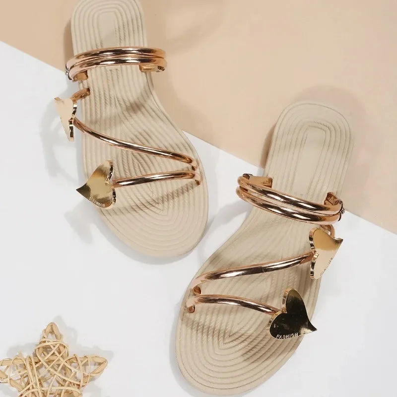 Elegant Women's Heart Flat Sandals Open Toe Woman Slippers Non Slip Shoes Outdoor Beach Slides Women Sandals Summer 2023 Size 43