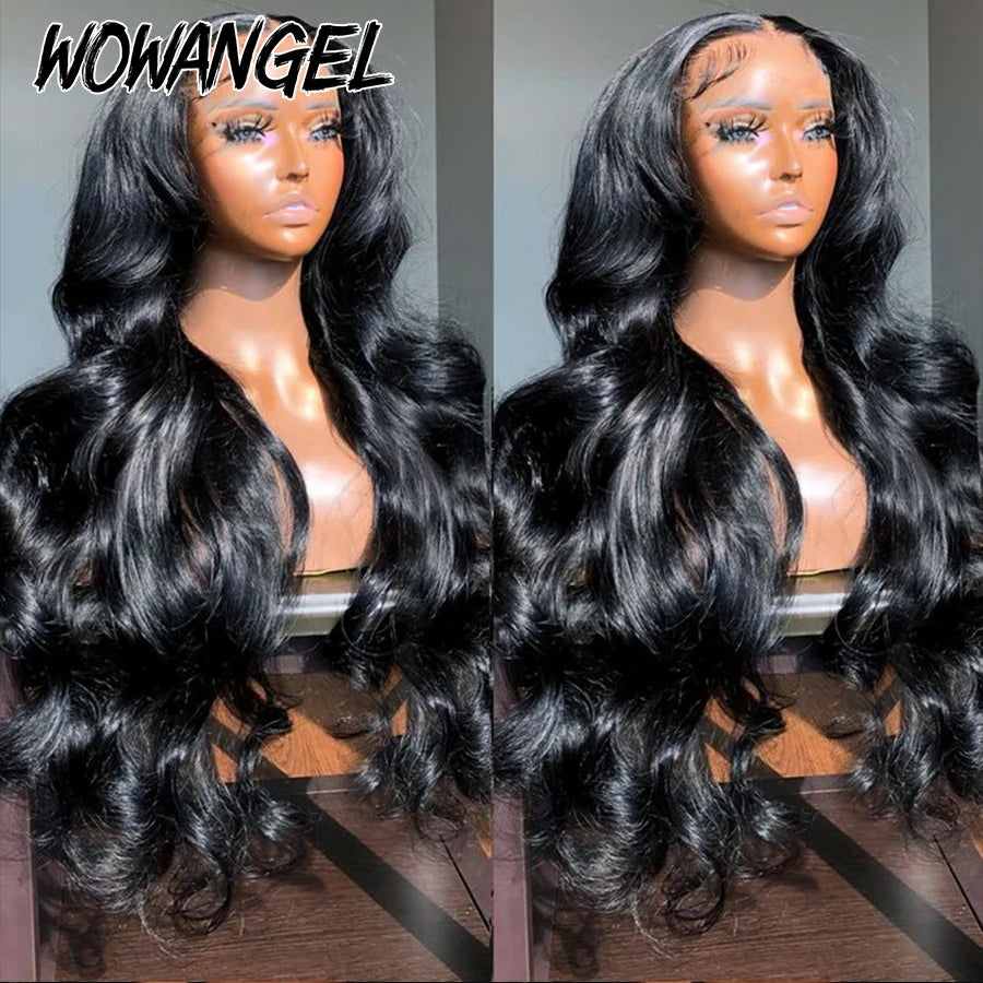 Wow Angel 250% Jet Black 13x6 HD Lace Front Human Hair Wigs Pre-Plucked Body Wave Brazilian Hair HD Transparent Lace Front Wig
