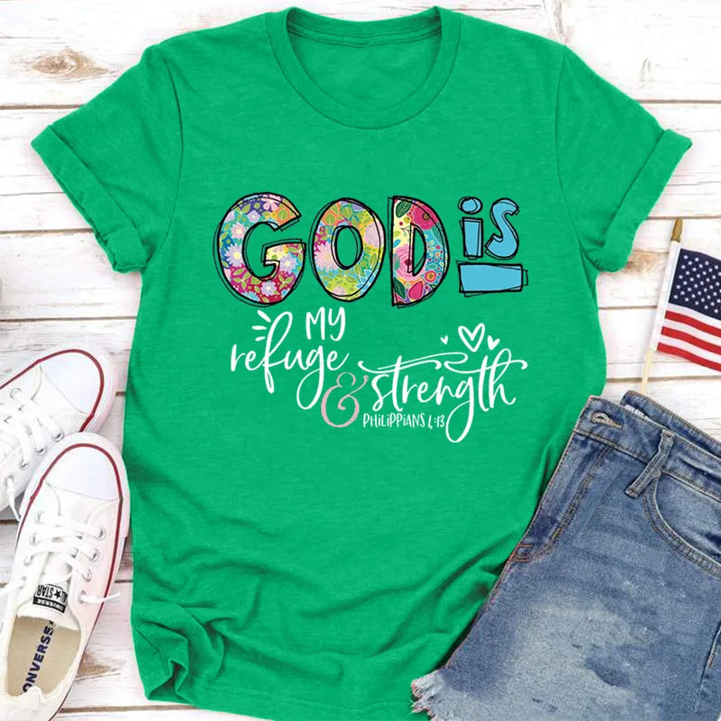 GOD IS Strength Print Women T Shirt Short Sleeve O Neck Loose Women Tshirt Ladies Tee Shirt Tops Clothes Camisetas Mujer