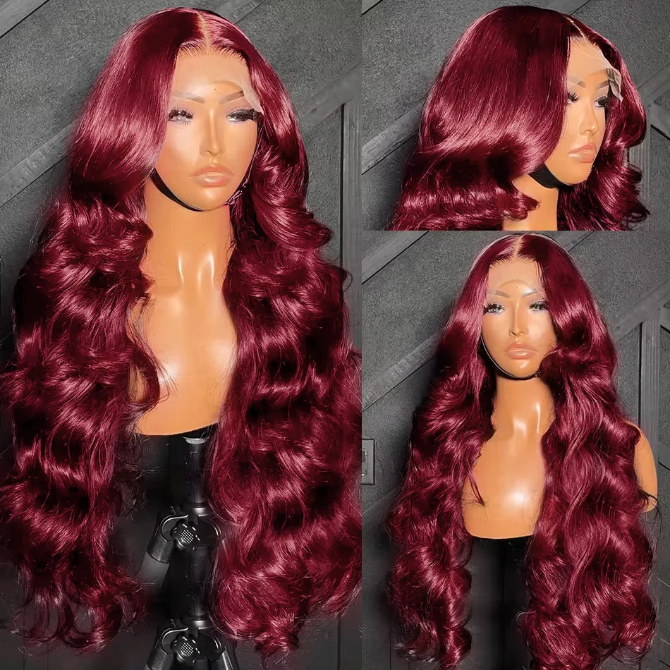 250 Density 99J Burgundy 13x4 13X6 HD Body Wave Lace Front Human Hair Wig 30 32 Inch Red Colored Frontal Wigs for Women