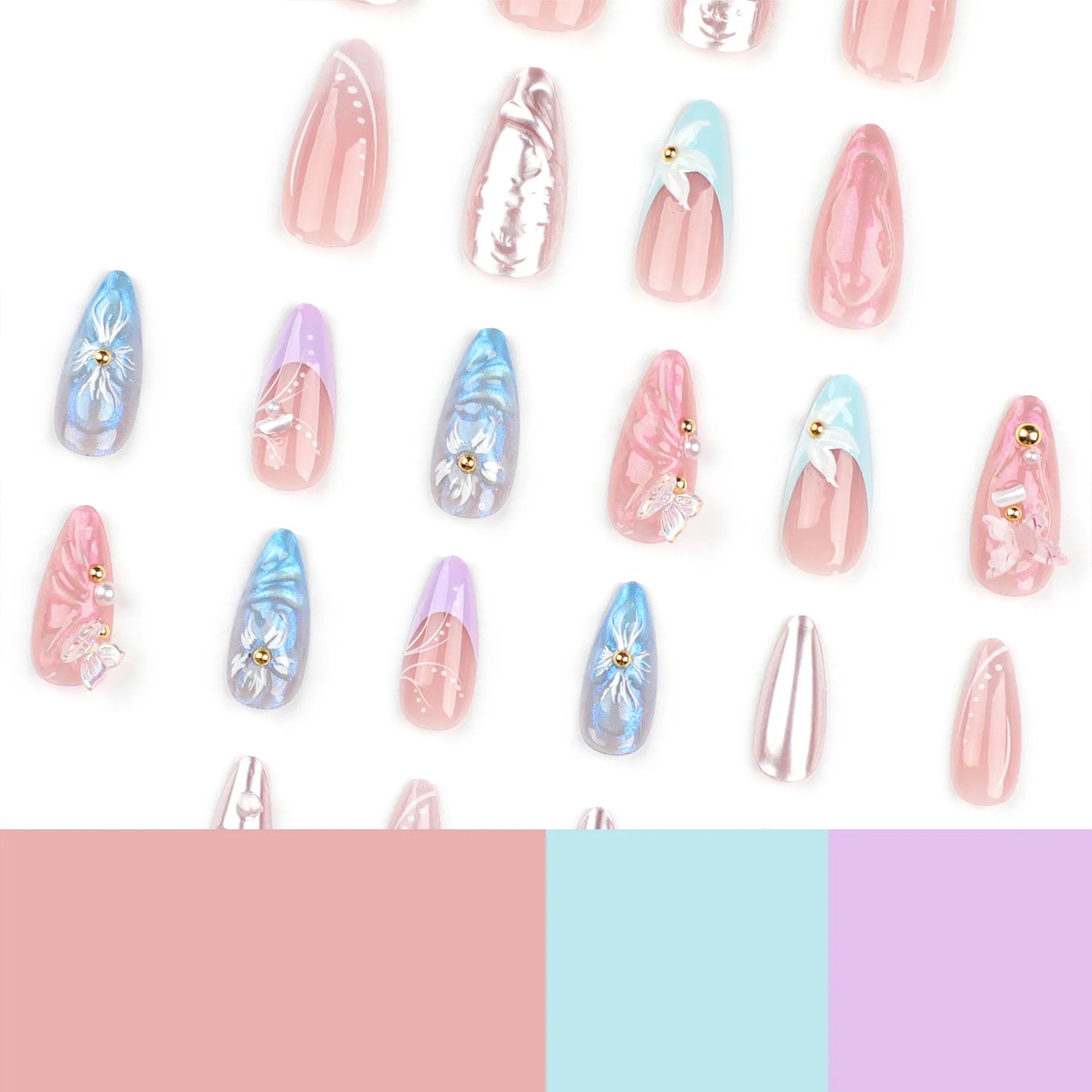 24pcs 3D Flower Fake Nail Patch French Almond Summer Sea Shell Decor False Nail Full Cover Wearable Press on Nails Tips for Girl