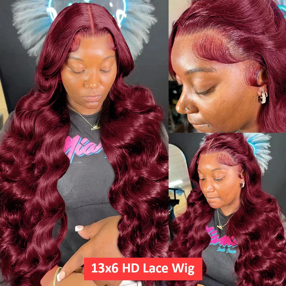 250 Density 99J Burgundy 13x4 13X6 HD Body Wave Lace Front Human Hair Wig 30 32 Inch Red Colored Frontal Wigs for Women