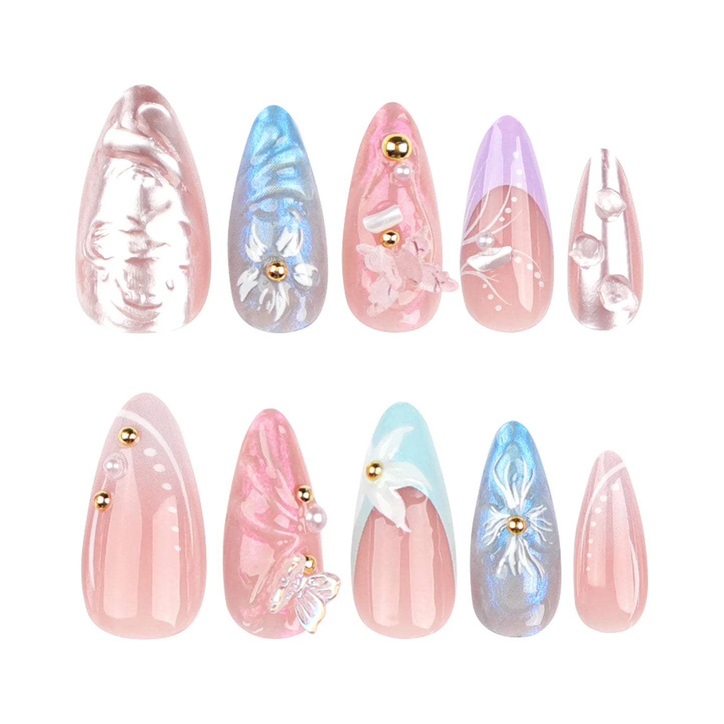 24pcs 3D Flower Fake Nail Patch French Almond Summer Sea Shell Decor False Nail Full Cover Wearable Press on Nails Tips for Girl