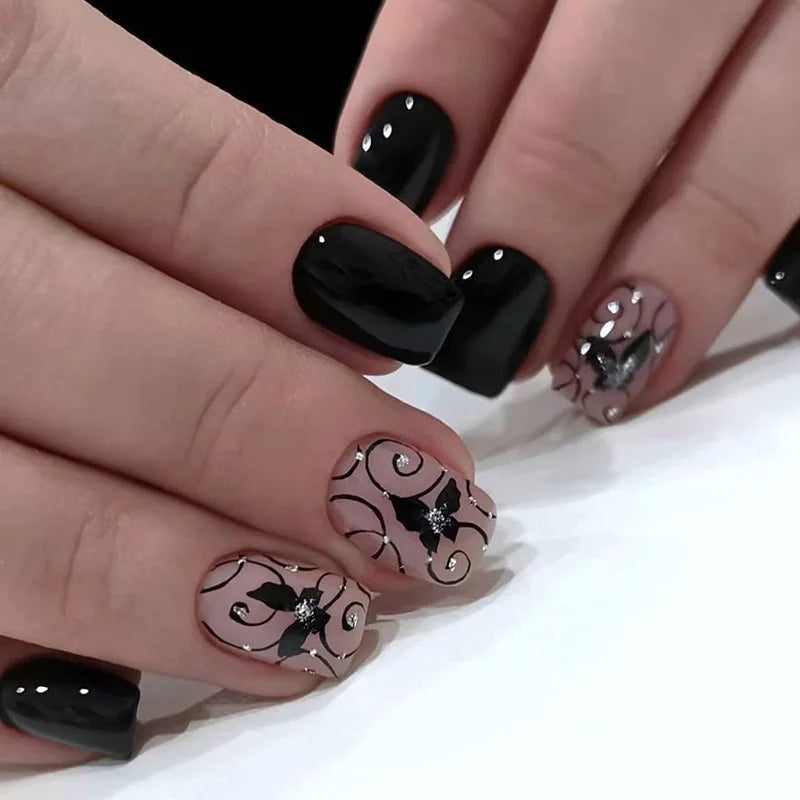 Press on Nails Black Butterfly French Fake Nails Rhinestone False Nail Patch Short Ballet Full Cover Artificial Art Nail Tip