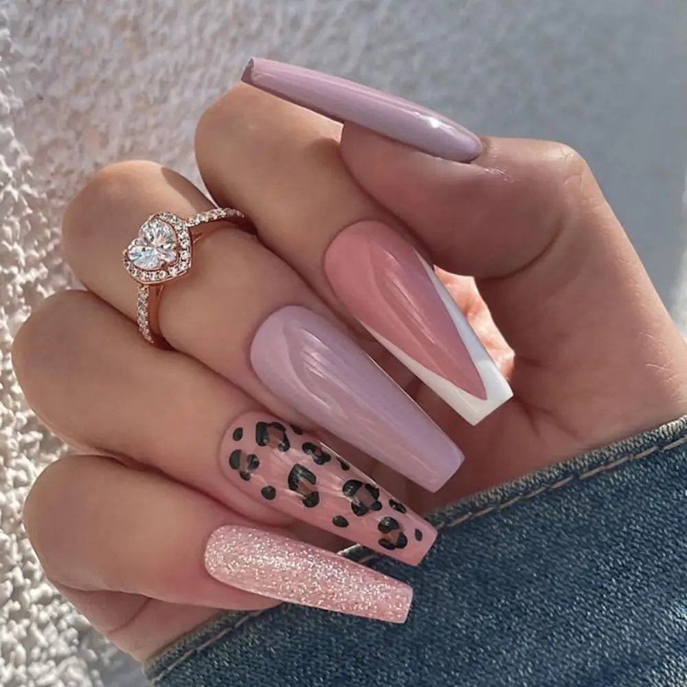 24pcs Long Ballet False Nail Full Cover Fake Nail Grey White Marble Design Nails Tip French Coffin Nails Press On Nails