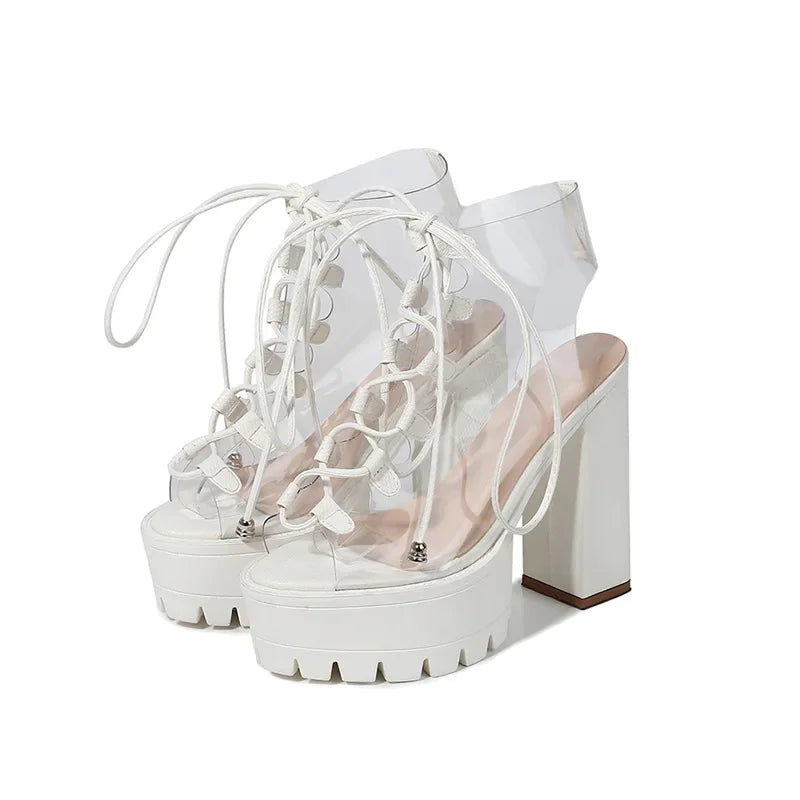 Comemore 2024 Sandals Women's High Boots Transparent Pvc Thick Ankle Boots Large Size 42 Lace-up Platform Shoes Woman High Heels