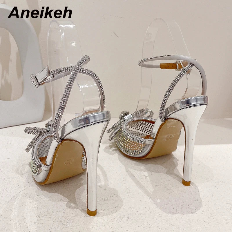 Aneikeh Fashion Transparent PVC Women Pumps Sexy Butterfly-knot CRYSTAL High Heels Pointed Toe Wedding Prom Sandals Spring Shoes