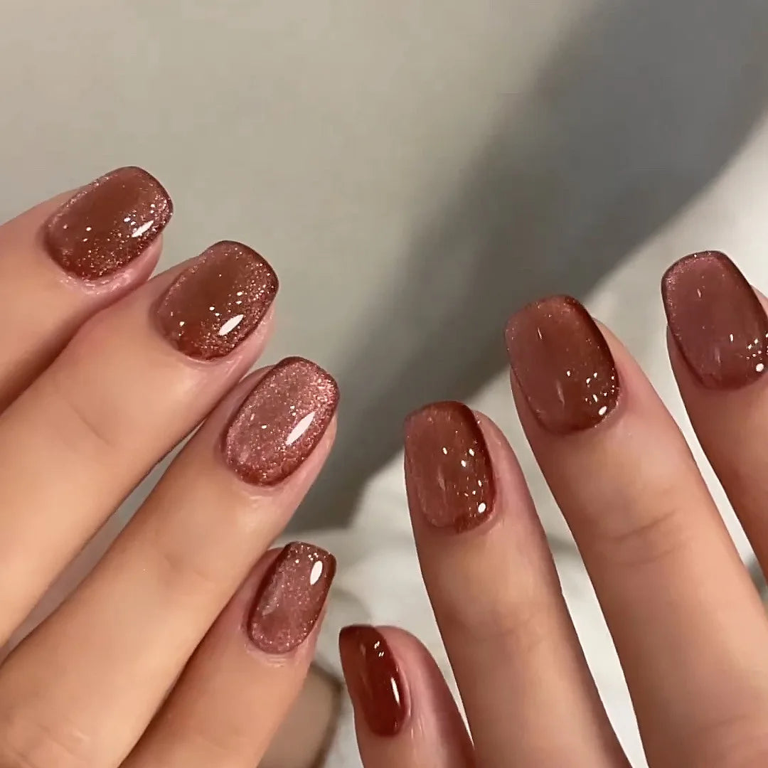 Glitter Blue Gradient Cat Eye Wearable Fake Nails Solid Color Fashion Detachable Finished False Nails Press on Nails with Glue