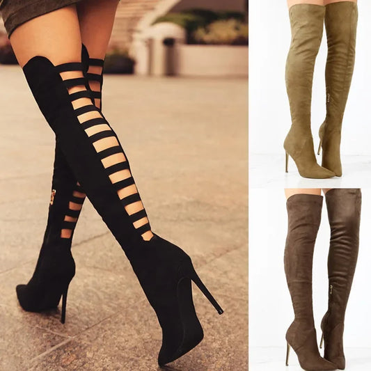 New Long Barrel High Heel Women's Boots 2023 Fashion Pointed Back Hollow Thin Heel Large Size 40-43 Women's Boots