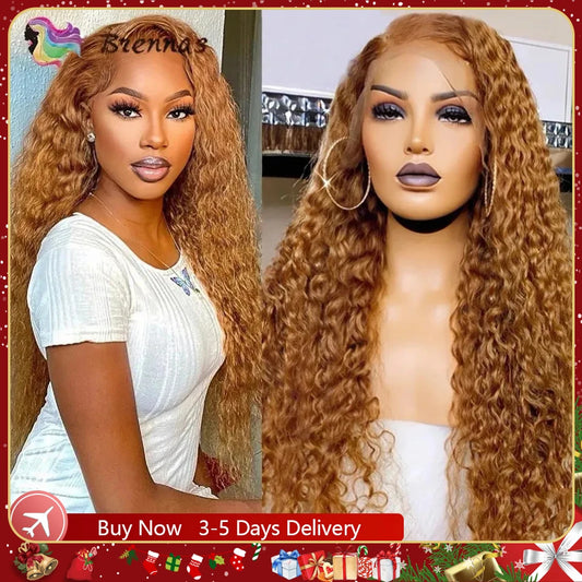 Honey Blonde Deep Curly Lace Front Wig Brown Kinky Curly Human Hair 13x4 Brazilian Lace Frontal Wigs For Black Women Density 180