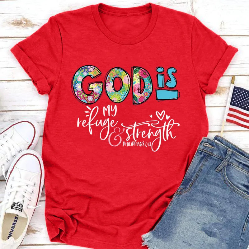 GOD IS Strength Print Women T Shirt Short Sleeve O Neck Loose Women Tshirt Ladies Tee Shirt Tops Clothes Camisetas Mujer