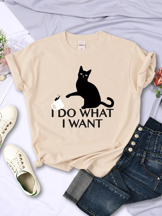 Black Cat I Do What I Want Letter Women T Shirts Fashion Soft Creative Short Sleeve Vintage Casual Breathable Womans Tee Clothes