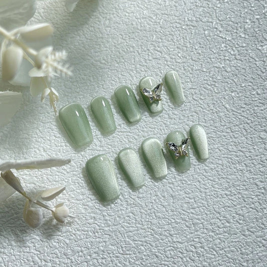 Short Green Handmade Cat Eye Press on Nails Glitter Wearable Coffin False Nails Full Cover Decoration Manicure Fake Nails Tips