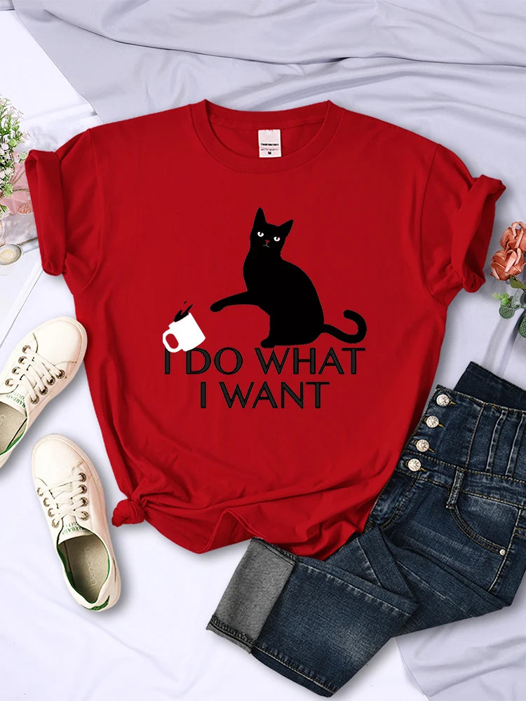 Black Cat I Do What I Want Letter Women T Shirts Fashion Soft Creative Short Sleeve Vintage Casual Breathable Womans Tee Clothes