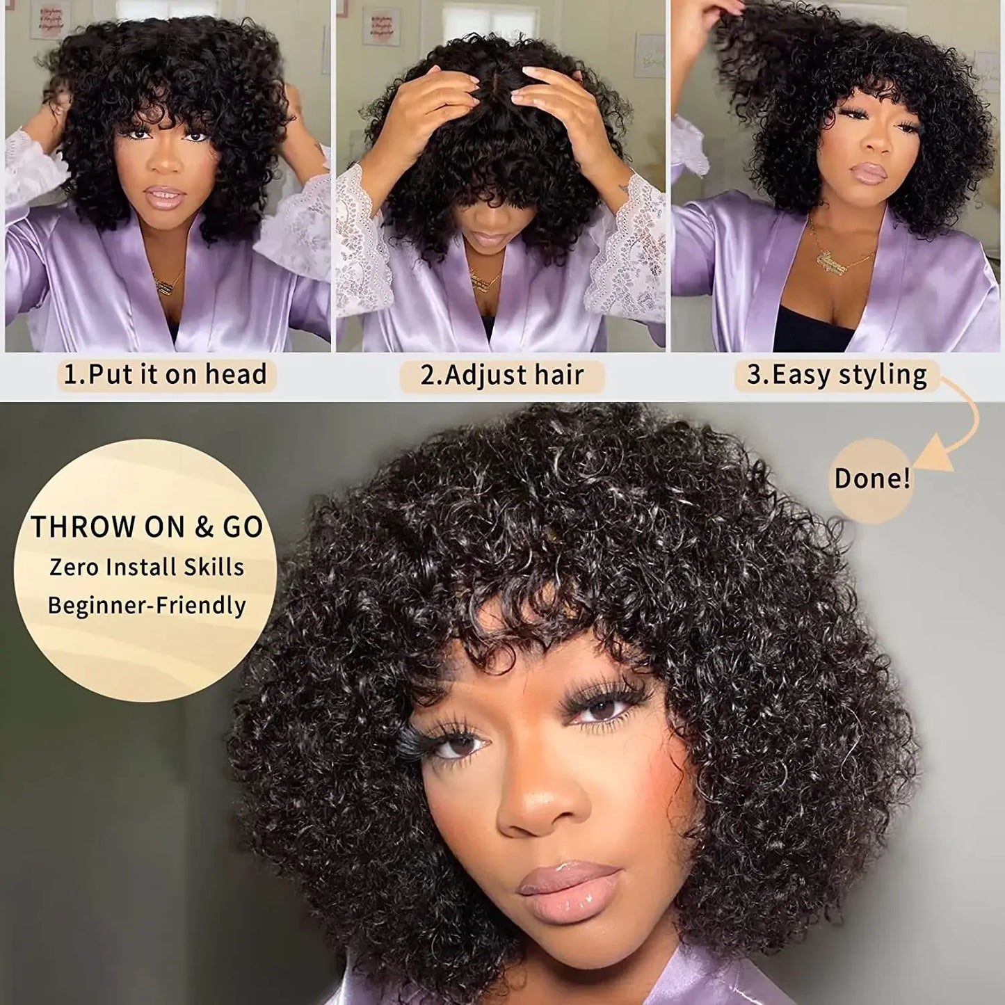 Jerry Curly Wig With Bangs 10A Brazilian Virgin Human Hair Glueless None Lace Front Wig Kinky Curly Human Hair For Black Women