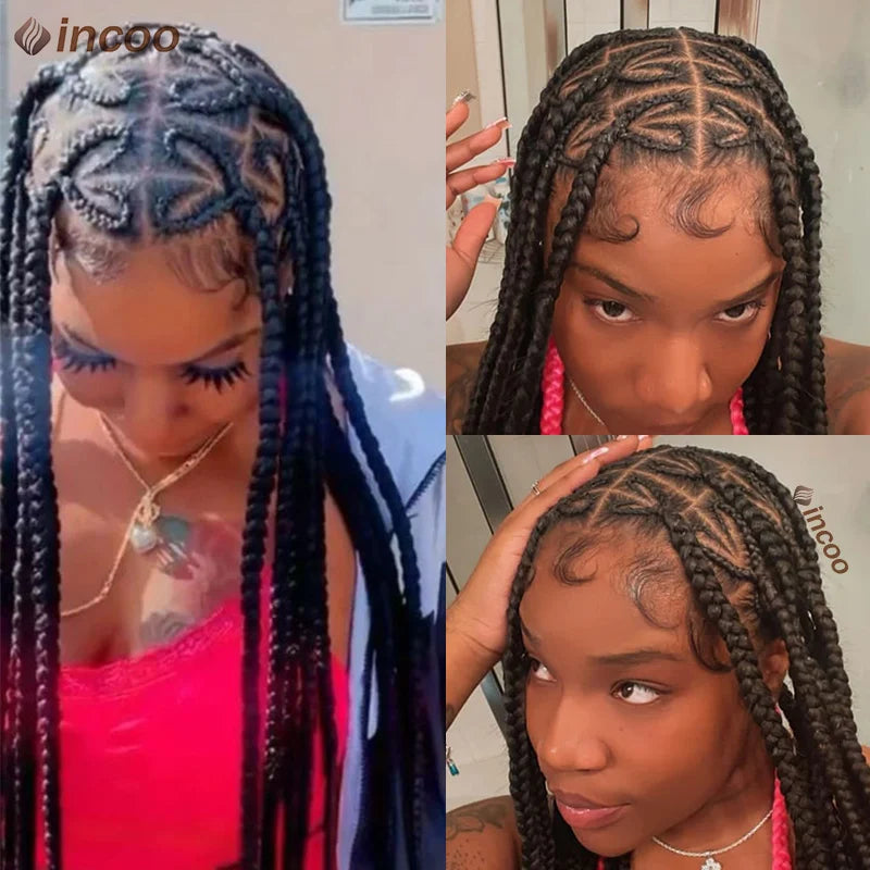 Incoo 36 Inches Synthetic Lace Braided Wigs Cornrow Braids Lace Wigs For Black Women Heart Box Braids Lace Wig On Sale Clearance