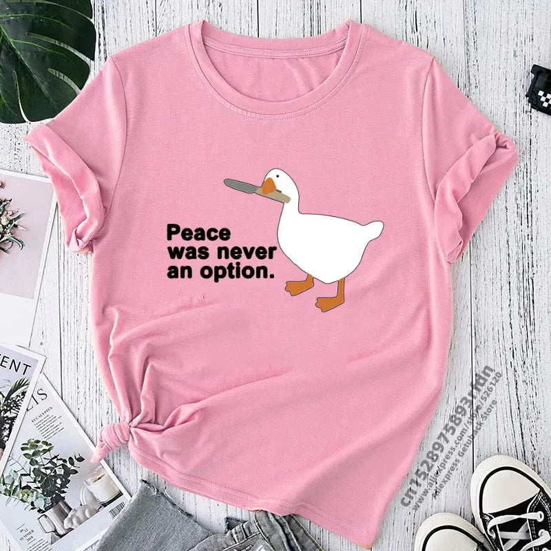 Peace Was Never An Option Kawaii Funny Print Women T Shirt Cool Street T-Shirt Soft Breathable Tee Clothes Vintage O-Neck Tshirt