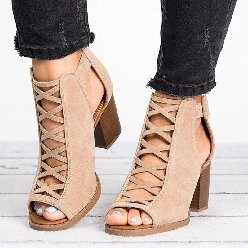 2023 New Spring Summer Sexy Casual Rome Ankle Boots Ladies Sandals Women's Shoes Middle High Heels Large Size 43 Black