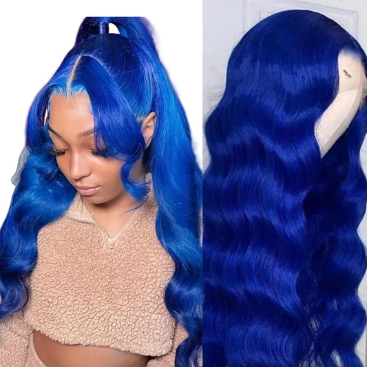 Body Wave Navy Blue 13x4 Lace Front Human Hair Brazilian Color Blue HD Transparent Lace Front Wig For Women Pre Plucked