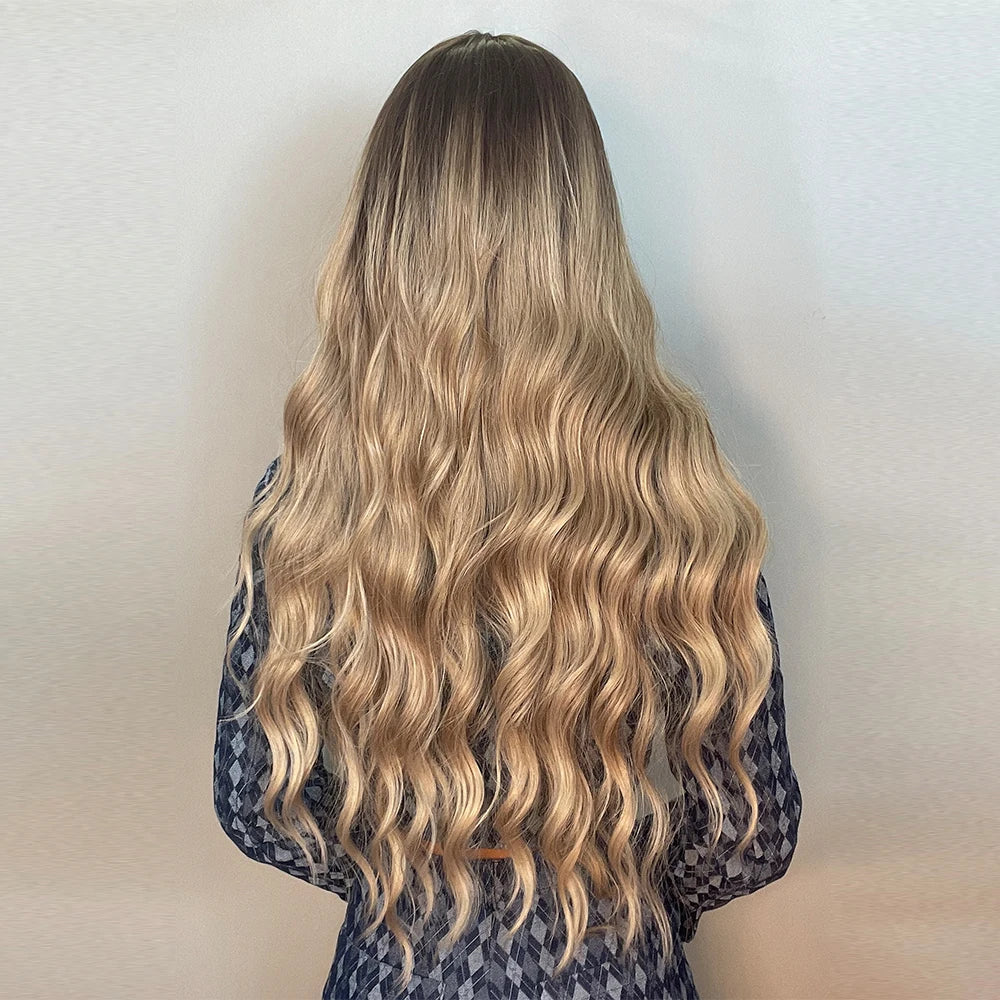 ALAN EATON Light Brown Wig with Bangs Brown Ombre Long Wavy Wig Synthetic Wigs for Natural Daily Wear Party Heat Resistant Fiber
