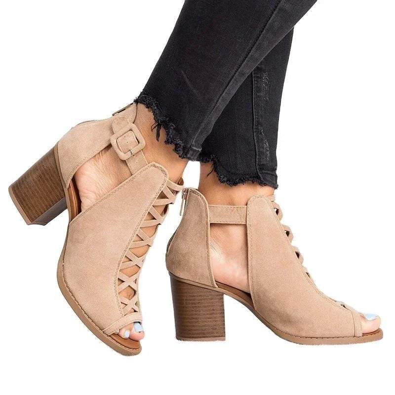 2023 New Spring Summer Sexy Casual Rome Ankle Boots Ladies Sandals Women's Shoes Middle High Heels Large Size 43 Black