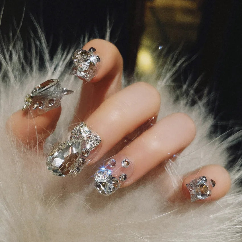 Almond Fake Nails Colorful Rhinestone Designs Long False Nails Handmade Glitter Press on Nails for Women Girls DIY Manicure