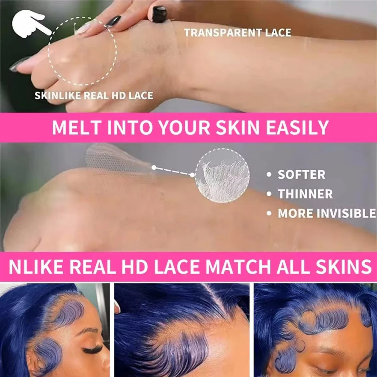 Body Wave Navy Blue 13x4 Lace Front Human Hair Brazilian Color Blue HD Transparent Lace Front Wig For Women Pre Plucked