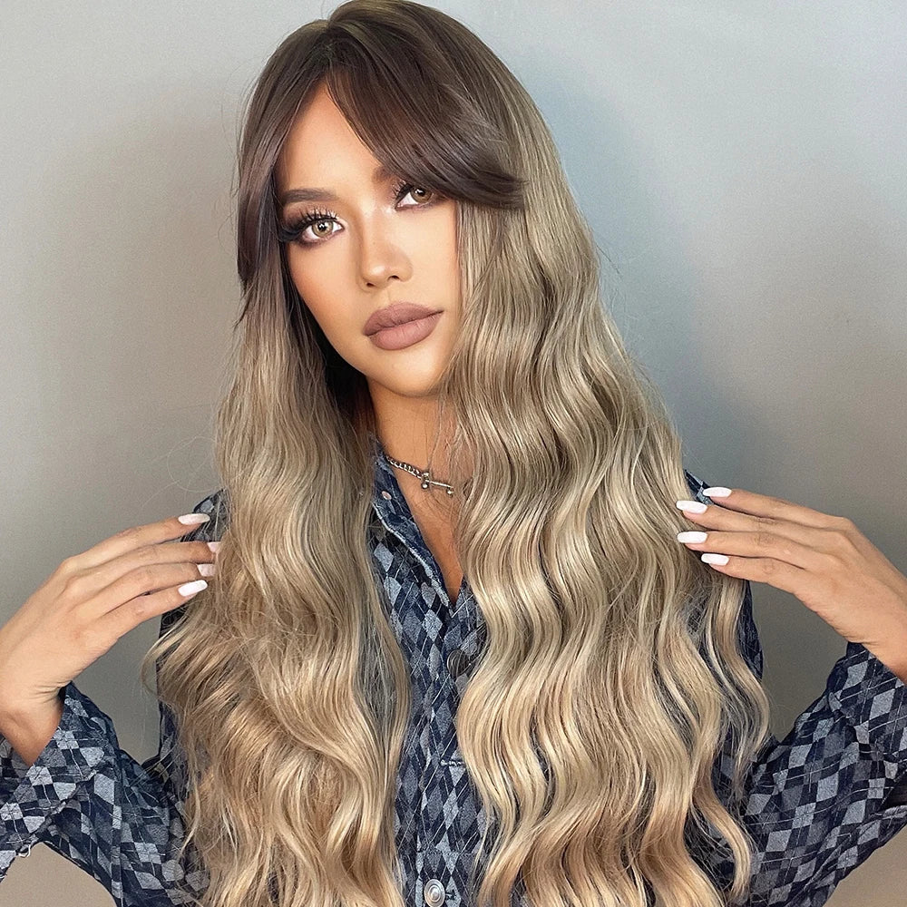 ALAN EATON Light Brown Wig with Bangs Brown Ombre Long Wavy Wig Synthetic Wigs for Natural Daily Wear Party Heat Resistant Fiber