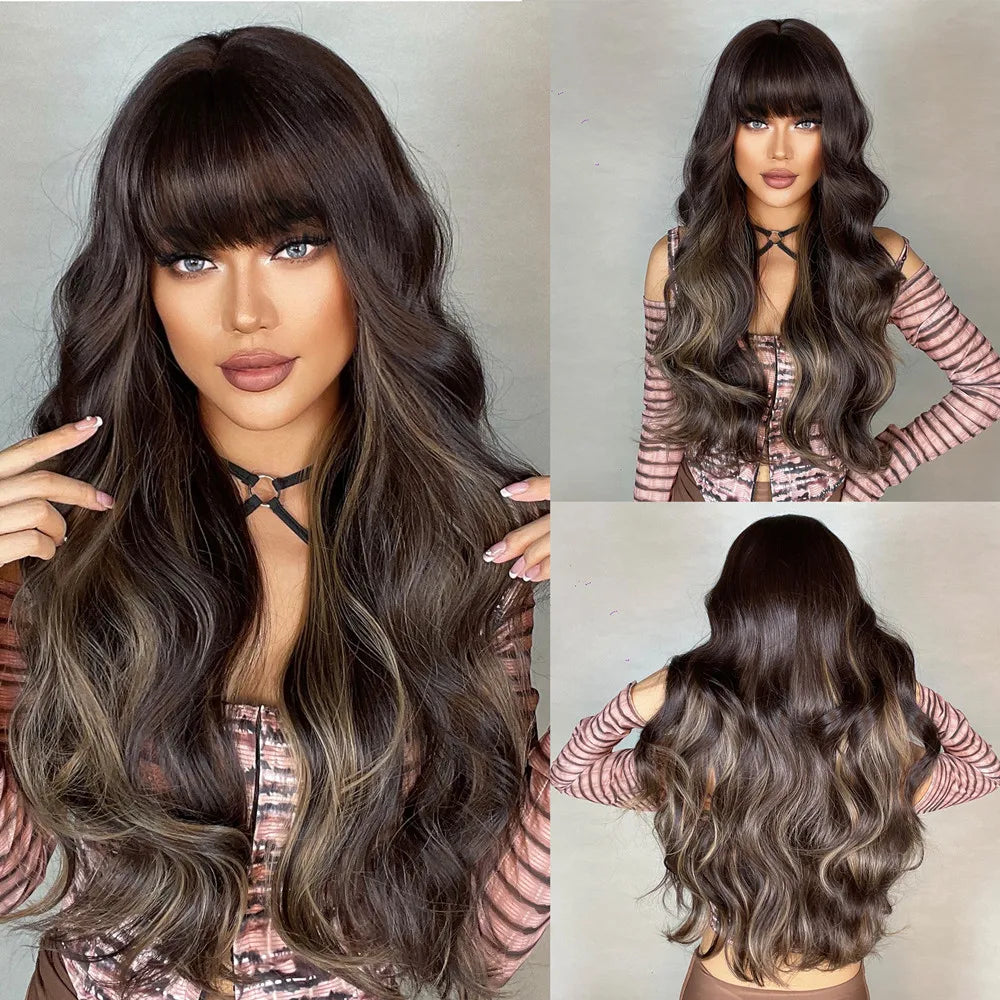 ALAN EATON Light Brown Wig with Bangs Brown Ombre Long Wavy Wig Synthetic Wigs for Natural Daily Wear Party Heat Resistant Fiber
