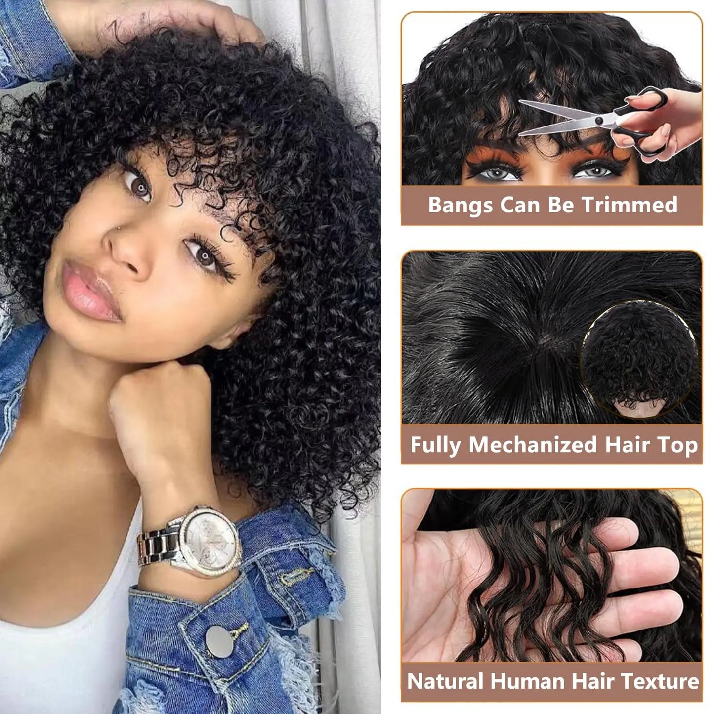 Jerry Curly Wig With Bangs 10A Brazilian Virgin Human Hair Glueless None Lace Front Wig Kinky Curly Human Hair For Black Women