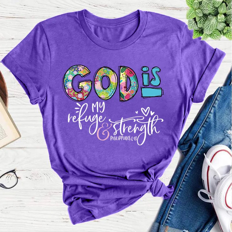 GOD IS Strength Print Women T Shirt Short Sleeve O Neck Loose Women Tshirt Ladies Tee Shirt Tops Clothes Camisetas Mujer