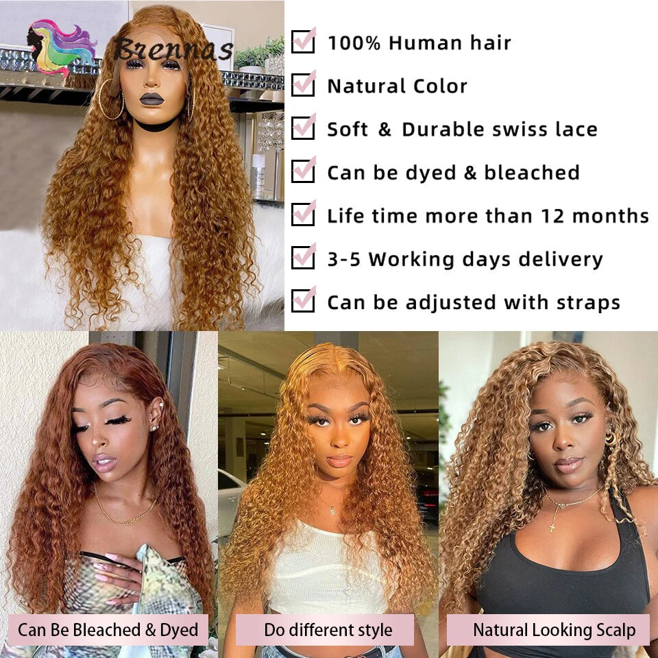 Honey Blonde Deep Curly Lace Front Wig Brown Kinky Curly Human Hair 13x4 Brazilian Lace Frontal Wigs For Black Women Density 180