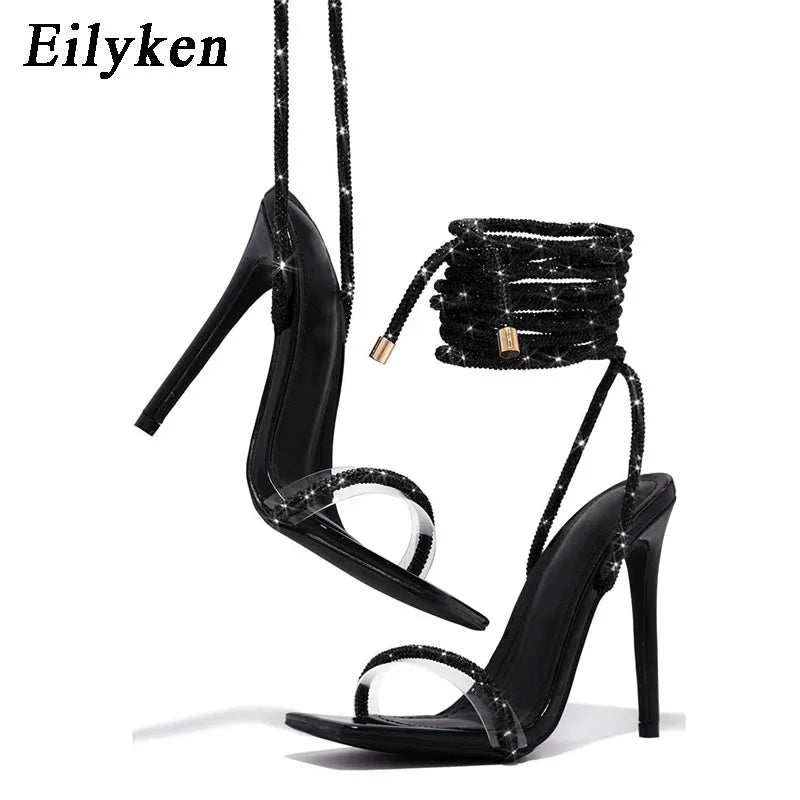 Eilyken Transparent Crystal Rhinestone Women Sandals Ankle Lace-up Square Toe Wedding Party High Heels Female Shoes