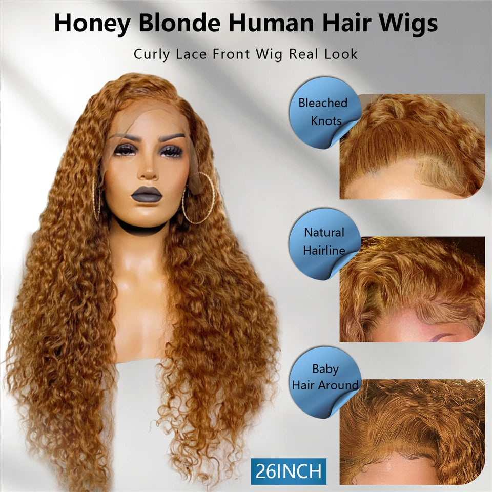 Honey Blonde Deep Curly Lace Front Wig Brown Kinky Curly Human Hair 13x4 Brazilian Lace Frontal Wigs For Black Women Density 180