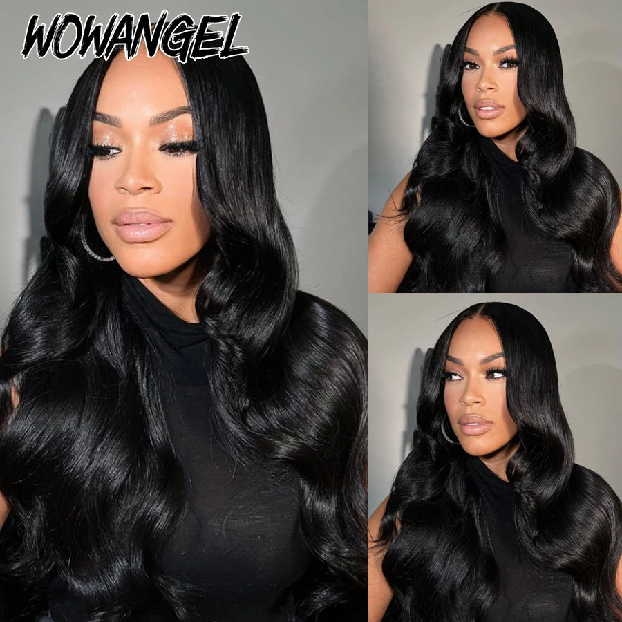 Wow Angel 250% Jet Black 13x6 HD Lace Front Human Hair Wigs Pre-Plucked Body Wave Brazilian Hair HD Transparent Lace Front Wig