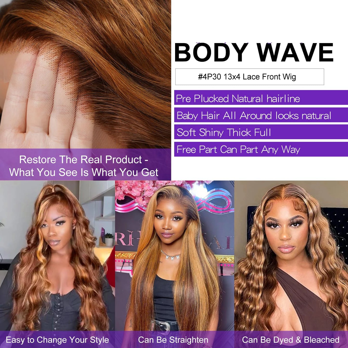 Highlight Wigs 13×6 HD Lace Front Wigs P4/27 Ombre 13x4 Body Wave  Preplucked Highlight Wigs 360 Full Human Hair Wigs For Women