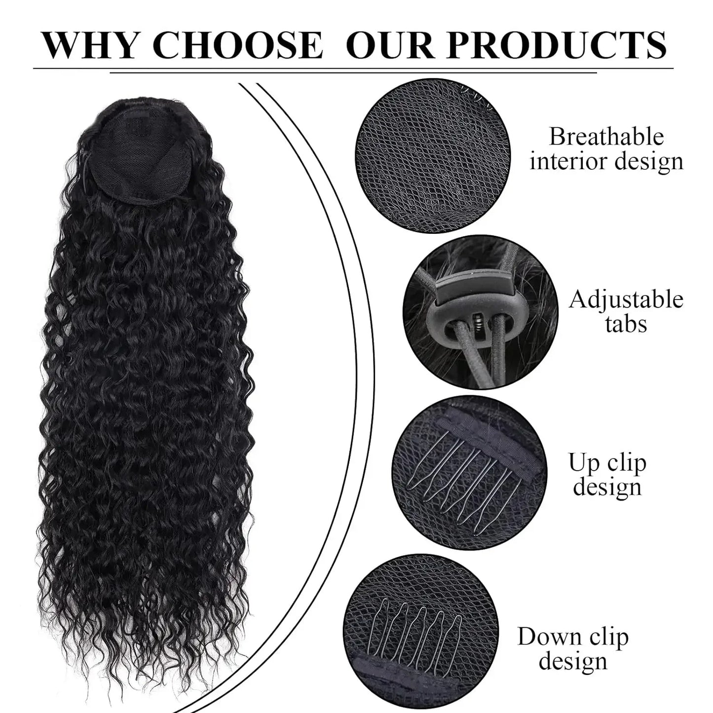 Long Curly Ponytail Extensions Clip in Synthetic Drawstring Ponytail Wig Long 32Inch Water Wave Afro Pony Tail Women Hairpiece