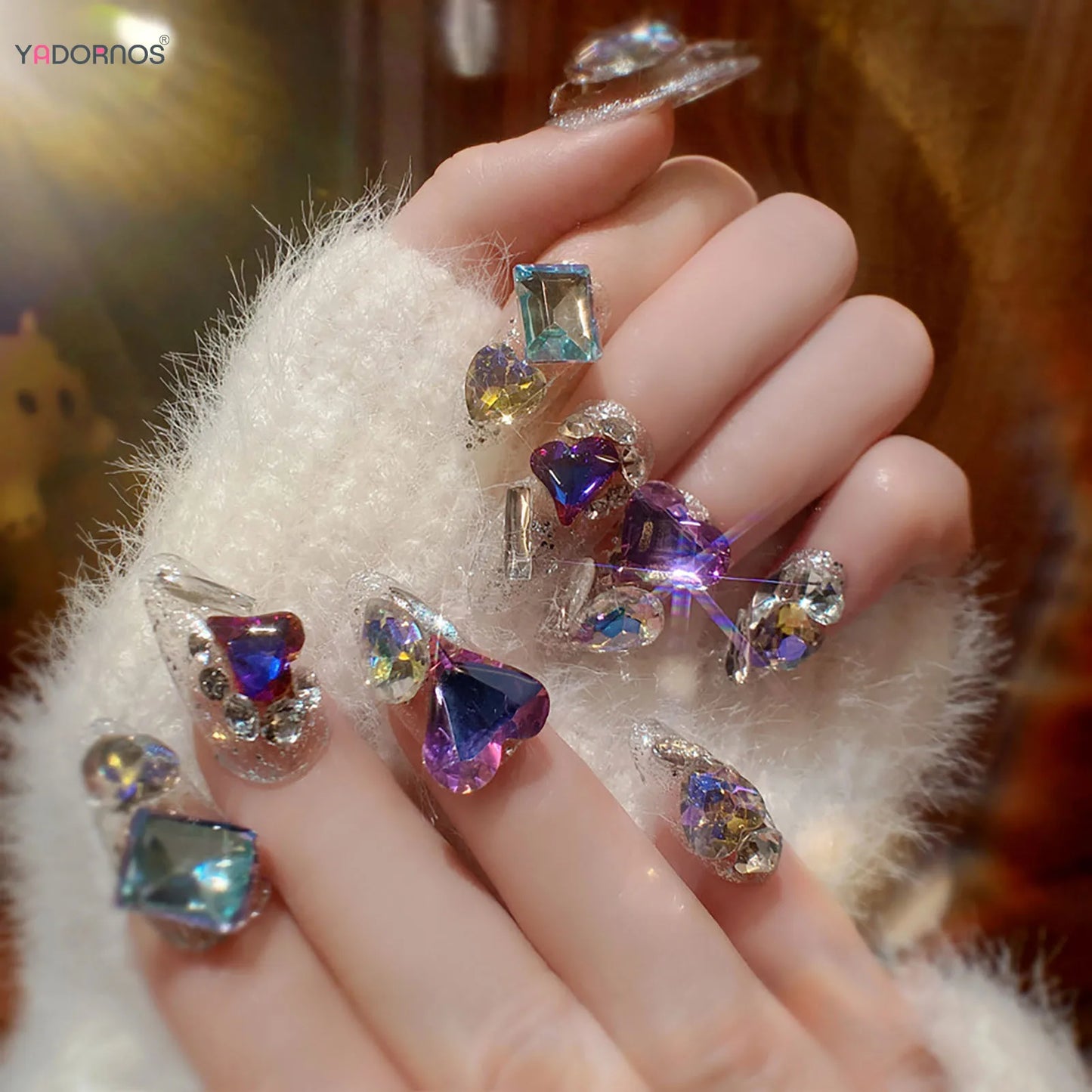 Almond Fake Nails Colorful Rhinestone Designs Long False Nails Handmade Glitter Press on Nails for Women Girls DIY Manicure
