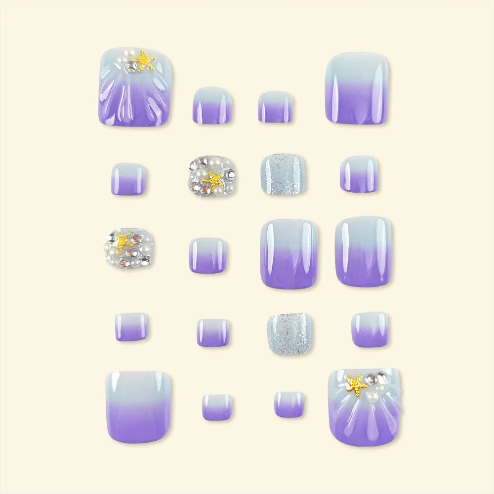 Summer Beach Toe False Nail Press on Nails 24 Pcs Fake Nails Set Shell Design Decorated Toe Nails Acrylic Stick on Toe Nail