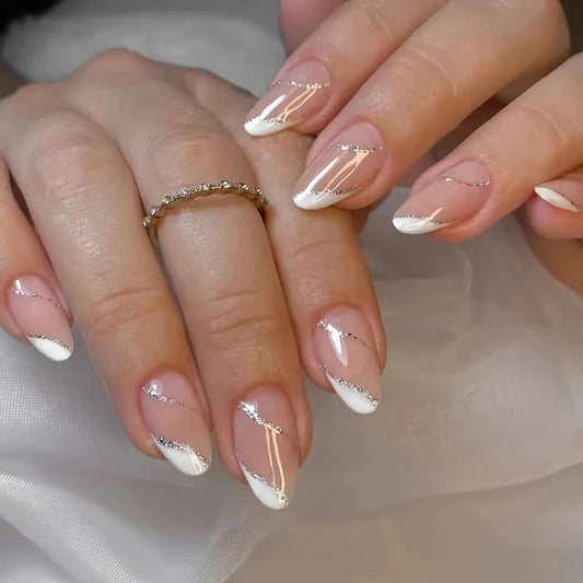 24Pcs Almond Fake Nail with Beveled French Design Glitter Stripes False Nails Round Head Wearable Press on Nails Manicure Tips