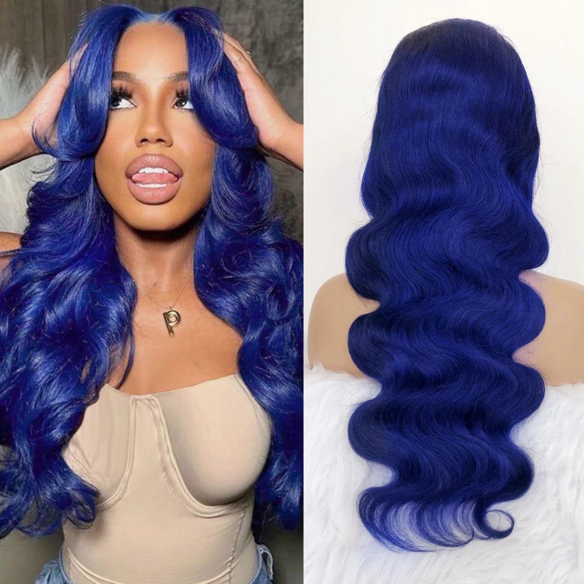 Body Wave Navy Blue 13x4 Lace Front Human Hair Brazilian Color Blue HD Transparent Lace Front Wig For Women Pre Plucked