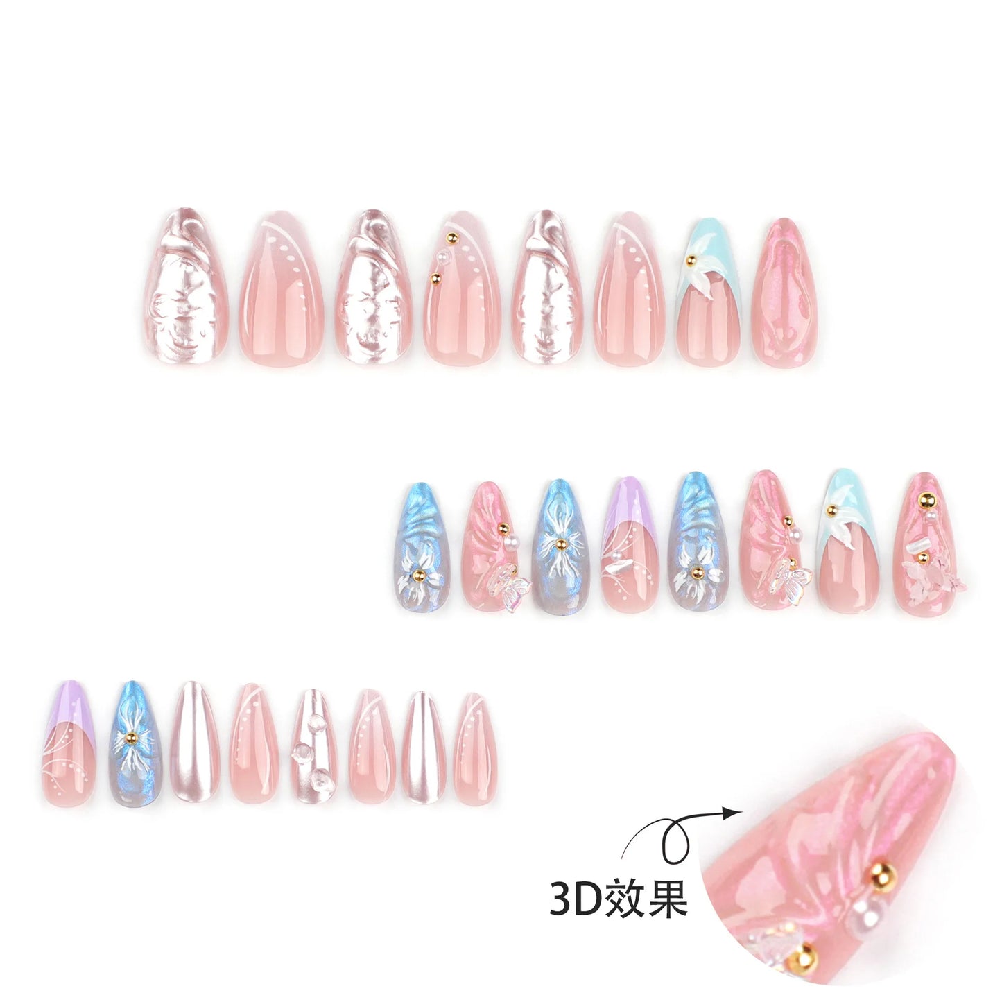 24pcs 3D Flower Fake Nail Patch French Almond Summer Sea Shell Decor False Nail Full Cover Wearable Press on Nails Tips for Girl