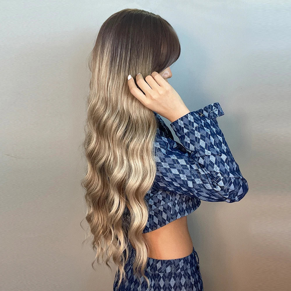 ALAN EATON Light Brown Wig with Bangs Brown Ombre Long Wavy Wig Synthetic Wigs for Natural Daily Wear Party Heat Resistant Fiber